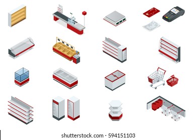 Vector Isometric Set Elements For Super Market Interior Plan. Store Shelves, Cart, Basket, Equipment Store, Payment Systems In Flat Style Isolated On White Background For Your Design