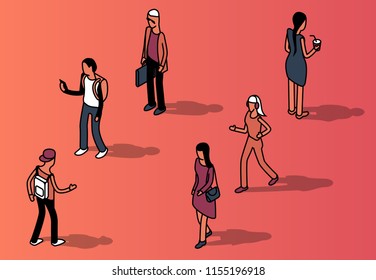 Vector isometric set of faceless people, men and women in casual clothing, front and back view. Characters in motion isolated on pink background, design elements