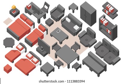 Vector isometric set. Furniture for bedroom, living room. Beds, sofas, armchairs, cupboards, chairs, TV.