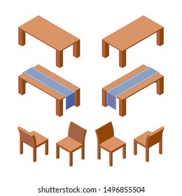 Vector isometric set of furniture as tables decorated with runner and wooden chairs. 3d collection good for interior design and room organization
