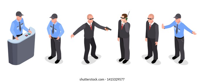 Vector isometric set of guards, police officers, agents isolated on white background