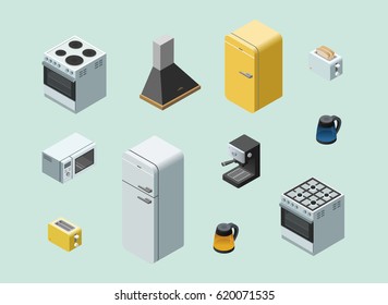 Vector isometric set of home electric equipment, household appliances icons 