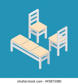 Vector isometric set with a hospital  bench and chairs