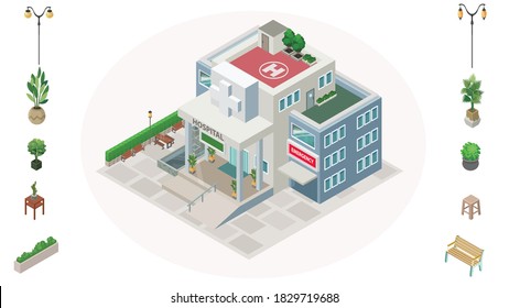 Vector isometric set of hospital building and other element.