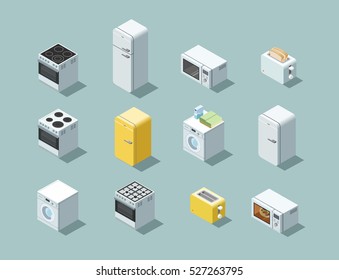 Vector isometric set of household appliances icon, 3d flat interior design object. 