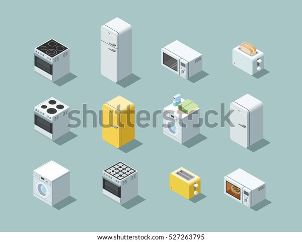 Vector isometric set of household appliances\
icon, 3d flat interior design object.\
