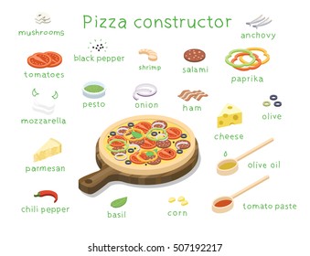 Vector isometric set of ingredients to build custom tasty pizza, 3d flat food icons, tomatoes, mushrooms, mozzarella, peppers, shrimp, salami, cheese, olives, ham, pesto. Delivery pizza service 