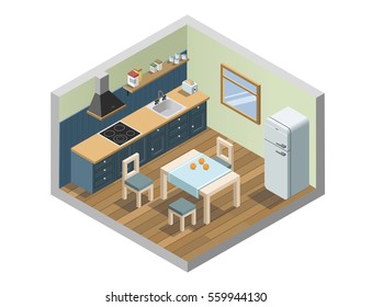 Vector isometric set of kitchen furniture and household appliances icons, 3d flat interior design of home elements, cooking place.