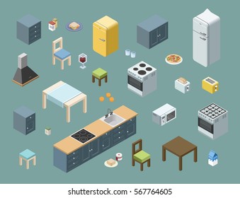 Vector Isometric Set Of Kitchen Furniture, 3d Flat Interior Design Icons. Home Electric Equipment.