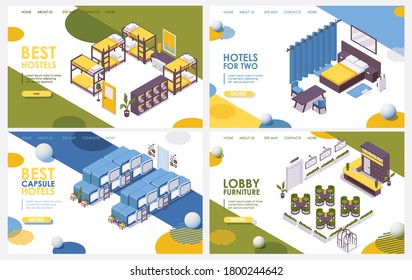 Vector Isometric Set Landing Page Of Hotel, Hostel, Lobby And Capsule Hotel  Without People