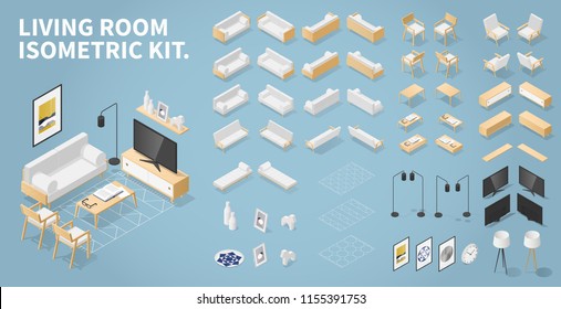 Vector isometric set of living room objects. Kit contains couch, chair, armchair, coffee tables, Tv stand and TV, lamps, carpets, wall decorations. If an object has one projection just mirror it.