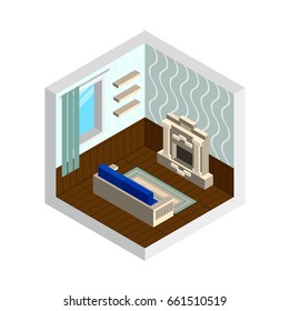 Vector isometric set of living room furniture, fireplace, window, sofa, shelf. Interior design, 3d flat objects.