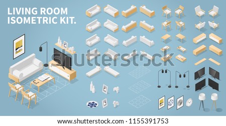 Vector isometric set of living room objects. Kit contains couch, chair, armchair, coffee tables, Tv stand and TV, lamps, carpets, wall decorations. If an object has one projection just mirror it.