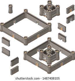 Vector isometric set of medieval castle with walls, gates and towers. Concept of game fortress.