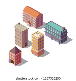 Vector isometric set of modern buildings, high towers with business offices, residential multistorey constructions, isolated on background. Urban architecture, town exterior, objects for infographic