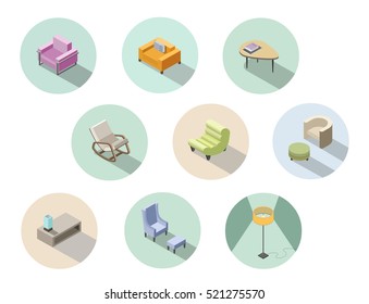 Vector isometric set of modern living room furniture, home constructor, armchair, pouf, floor lamp, coffee table, 3d flat design, rocking chair, interior design elements. 