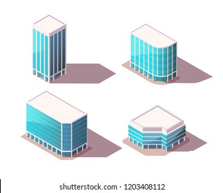 Vector isometric set office buildings with realistic shadows. High Quality City Elements for Map. Low poly town