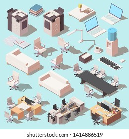 Vector isometric set of office equipment and furniture icons.