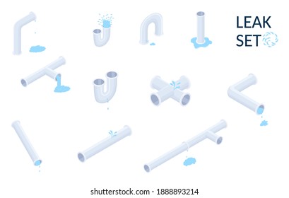 Vector isometric set of plumbing pipes with leaks isolated on white.Isometric illustration.