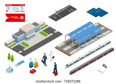 Vector isometric set railroad objects, buildings, plants, cars, road paths and other urban items and elements. Subway train collection. Vehicles designed to carry large numbers of passengers.