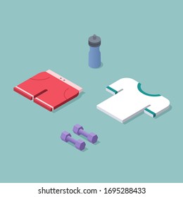 Vector isometric set of sport cloths for training at home, sport bottle of water, dumbbells