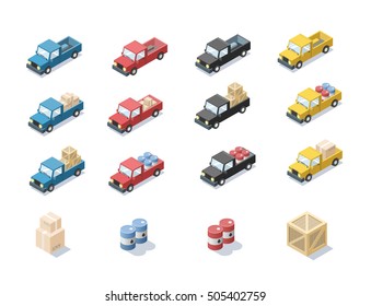 Vector isometric set  of wagon car with cargo, barrels, minivan, trucks for cargo transportation, delivery car icon, 3D flat business illustration, carton boxes, cargo icon 