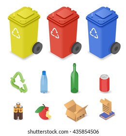 Vector isometric set of waste sorting cans. Icons for different kinds of trash: plastic, glass, batteries. 