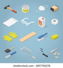 Vector isometric set of woodwork tools. This collection of instruments include hammer, saw, sandpaper, wooden plank, spatula, safe glasses, chisel with wooden shavings, rubber gloves and other.