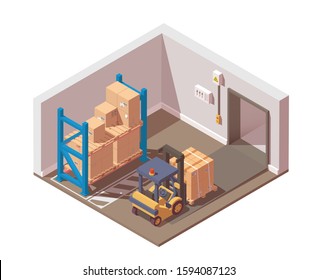 Vector isometric shipment of goods is carried out with a forklift. Logistic delivery service or freight transport concept.