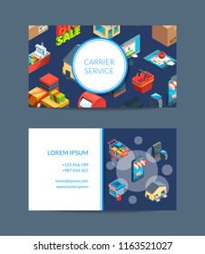 Vector isometric shipping and delivery business card template illustration isolated