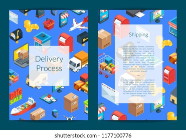 Vector isometric shipping and delivery icons card or flyer template illustration