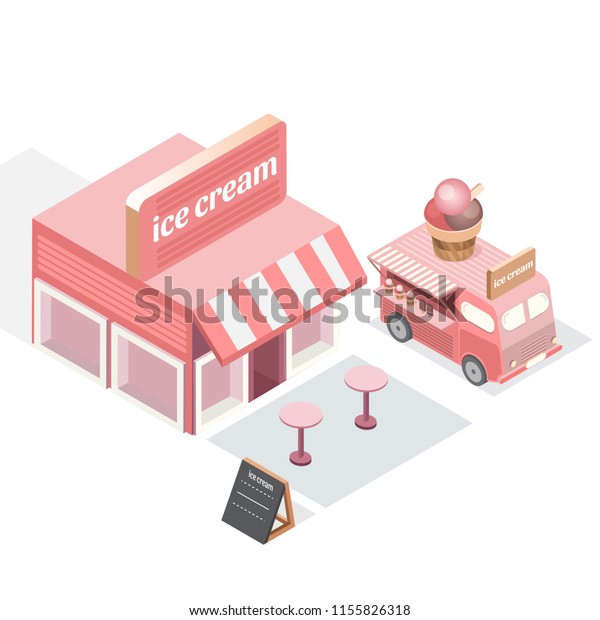 Vector isometric shop and food\
trucks with ice cream. Trucks with ice cream. Illustration street\
food bus. Vintage bus. Isometry building - cafe with\
ice-creams.