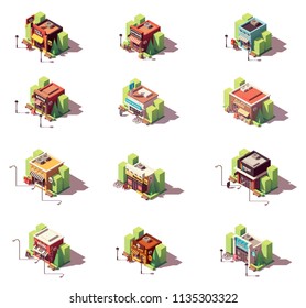 Vector isometric shop and stores icon set. Includes auto parts store, antique and souvenir gift shops, bookstore, beach shop, post office, photo print shop, copy center, pet shop, laundromat and other