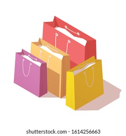 Vector isometric shopping bags set. Colorful paper bags.