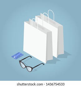 Vector isometric shopping illustration. Shopping bags, woman glasses and credit card.