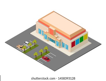 vector isometric shopping mall with parking area