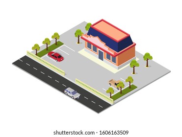 vector isometric shopping mall with parking area