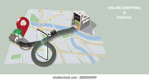 Vector isometric shopping Online delivery concept on mobile with cargo trucks run on roads to carry goods from stores to customer at home on rough map in the form electronic navigator 