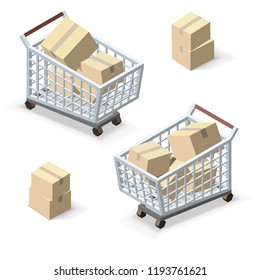 Vector isometric shopping supermarket cart with boxes.