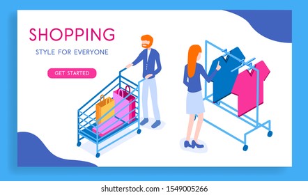 Vector isometric shoppnig illustration. Include T-shirts, people, cart. 