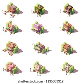 Vector isometric shops and restaurants icon set. Includes kebab restaurant, beer bar, butcher shop, grocery, ice cream shop, bakery, coffee house, seafood, fromagerie and dairy, sweets shop and other