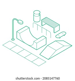 Vector isometric skate park outline illustration. Different ramps, rails, skateboard, street lamp, bench and trash can. Minimalistic outline design with optional white fill. All objects are separate.