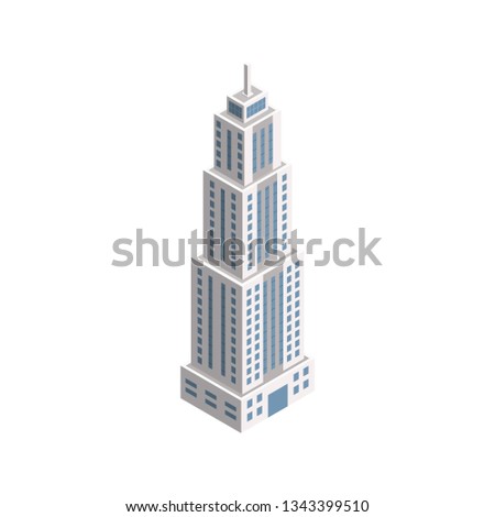 Vector Isometric Skyscraper City Building. Vector Isometric City Building Icon Isolated on White Background. Private House, Skyscraper, Real Estate, Public Building, Hotel.