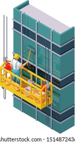 Vector isometric skyscraper windows cleaning. Suspended scaffold, construction cradle or suspended platform, high-rise building glass facade, worker washes window with brush