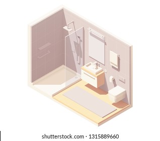 Vector isometric small bathroom interior cross-section with shower cabin, washbasin, toilet, and towel warmer