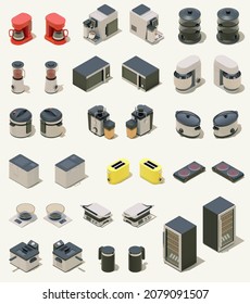 Vector isometric small kitchen appliances. Domestic electric cooking equipment. Coffee maker, deep fryer, blender, food processor, juicer, microwave, toaster, slow cooker and other machines