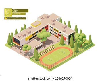 Vektorisometrische kleine moderne Schulgebäude mit Schulhof und Stadion. Äußere Gebäude für Bildung. Isometrische Stadtplan-Elemente