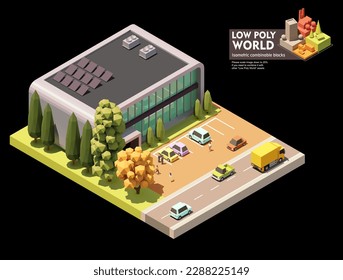 Vector isometric small office building. Modern office building with small parking