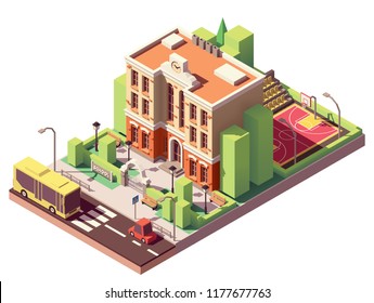 Vector Isometric Small School Building With Schoolyard And Basketball Court