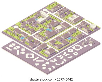 Vector Isometric Small Town Map Creation Set. Includes Different Buildings And Cottages, Road Elements